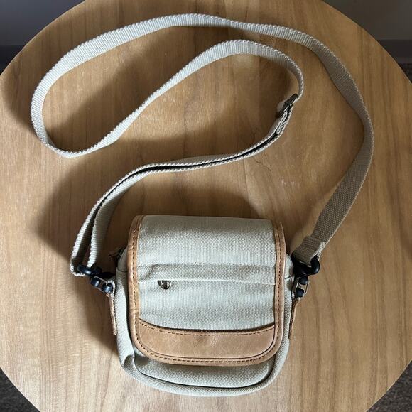 Vintage L.L. Bean Khaki Canvas Leather Small Messenger Crossbody Bag Purse 6x6” - Picture 2 of 12